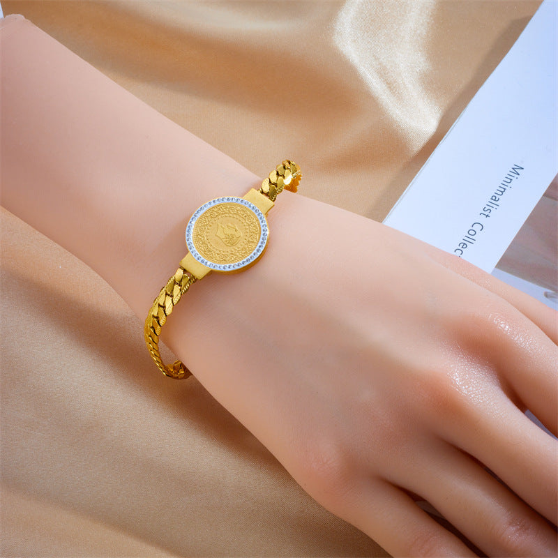 Vintage-Inspired Fashion Bracelet with Round Pendant, Titanium Steel Snake Chain, Electroplated Finish for Women