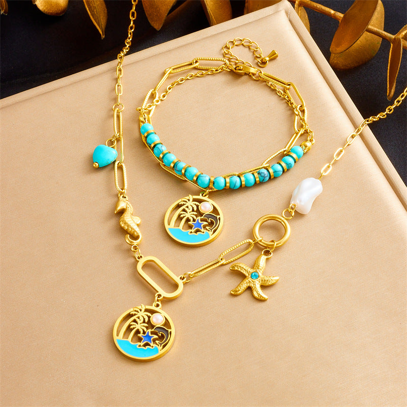 Fashion Elegant Stainless Steel Plated Ocean Animal Pendant Double Layer Beaded Necklace and Bracelet Set for Women