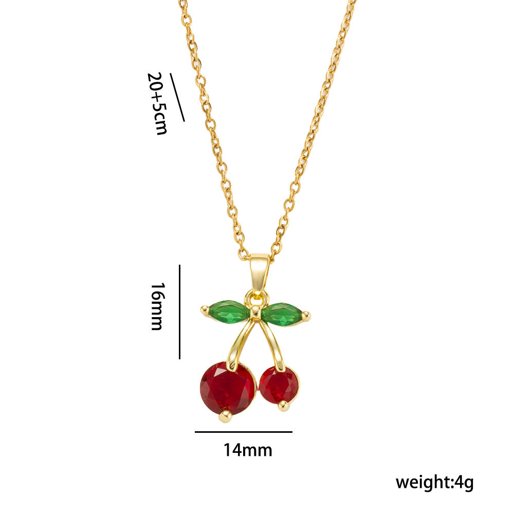 Luxury Cherry-Shaped Pendant Necklace Set for Women in Titanium Steel with Vacuum Plating and Mixed Gemstone Inlay