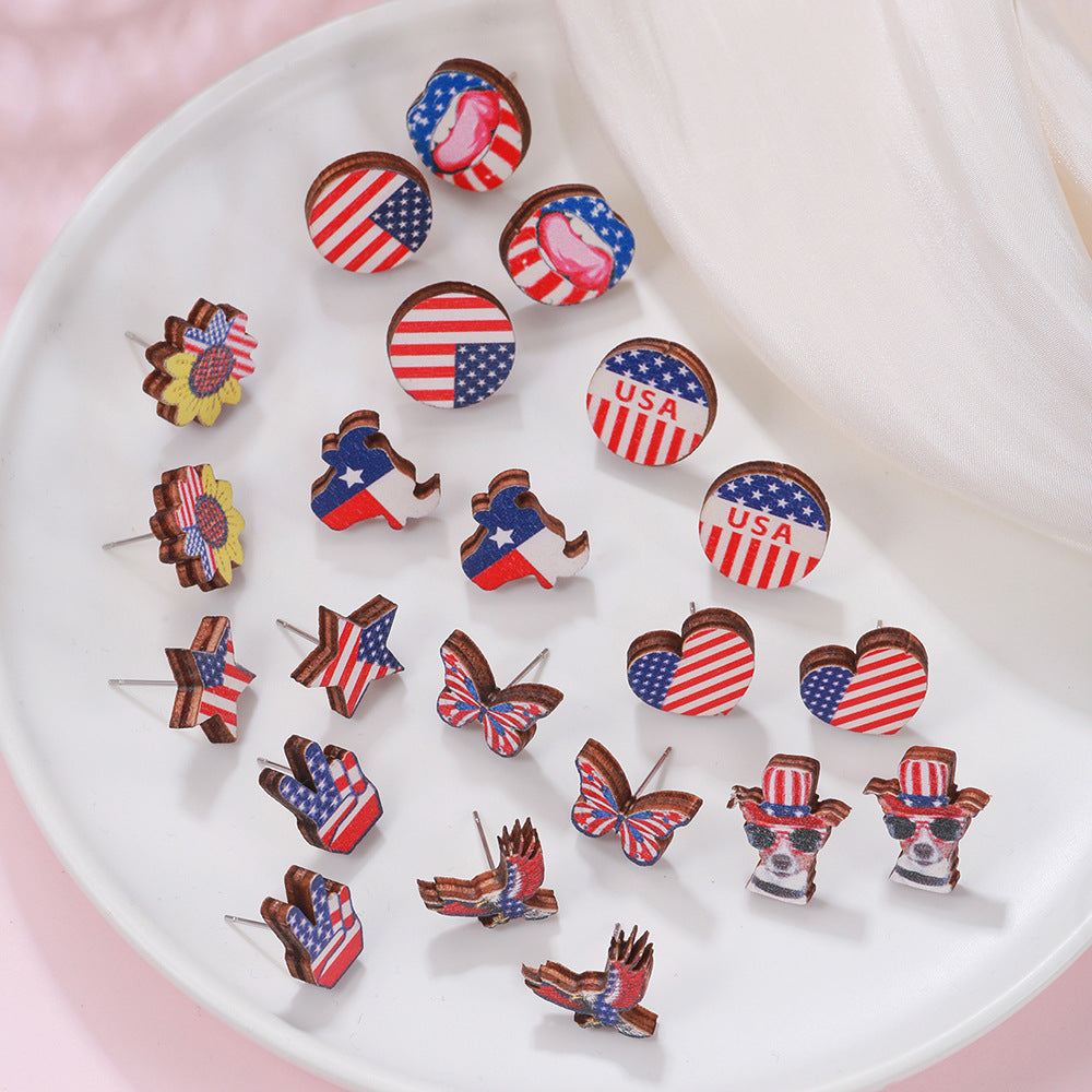 Round Heart Star Geometric Wood Stud Earrings with Stainless Steel Posts