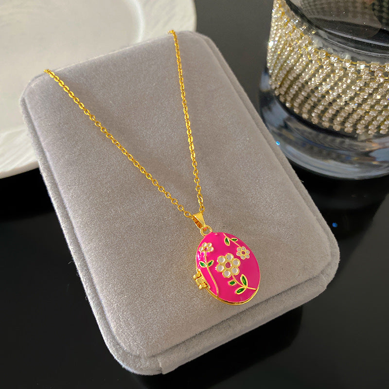 Vintage Drip Oil Floral Heart Oval Pendant Gold Plated Brass Necklace for Women