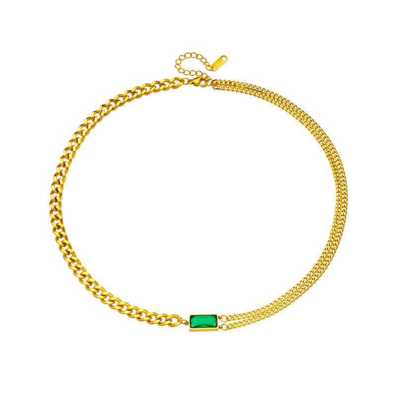 Minimalist Fashionable Gold-Plated Titanium Steel Snake Chain Necklace Set with Rhinestone Rectangle Green Accents for Women