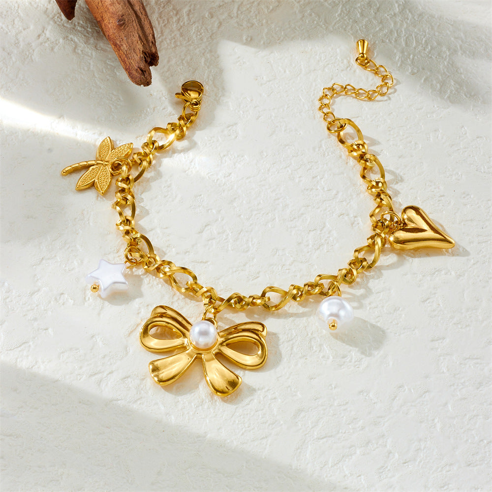 Elegant Gold Plated Stainless Steel Bow Heart Dragonfly Star Pearl Pendant Bracelet for Women