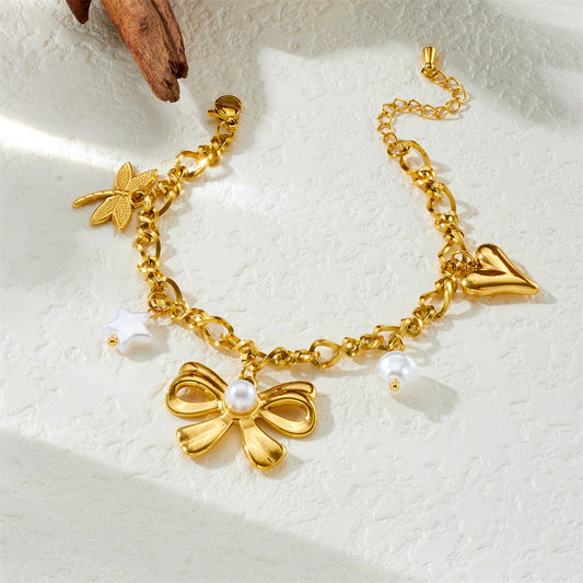 Elegant Gold Plated Stainless Steel Bow Heart Dragonfly Star Pearl Pendant Bracelet for Women