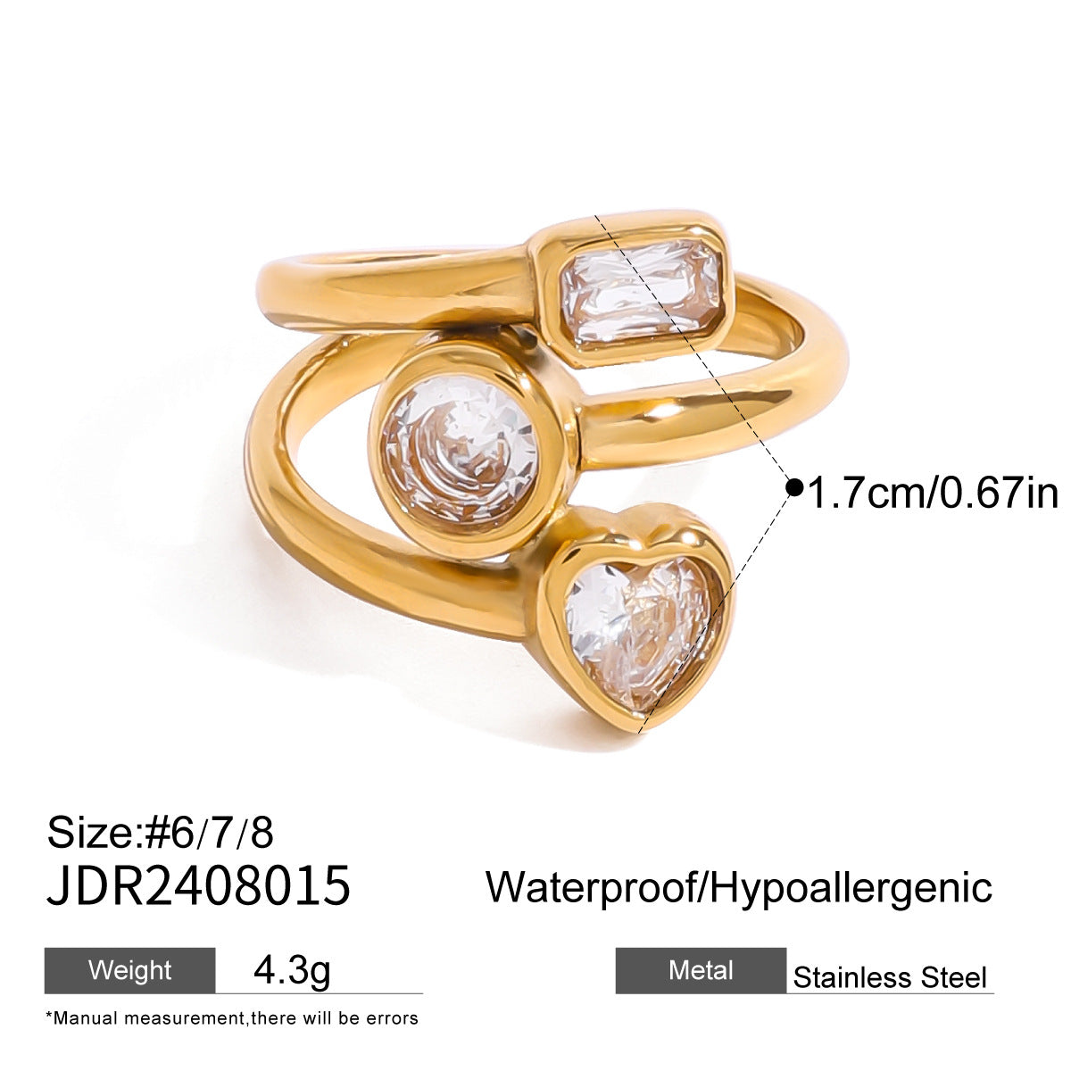 Geometric Stainless Steel Plated Cubic Zirconia Ring for Women