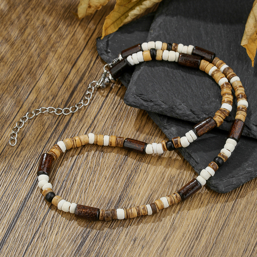 Bohemian Hip-hop Geometric Wood Bead Coconut Shell Stainless Steel Necklace for Men and Women