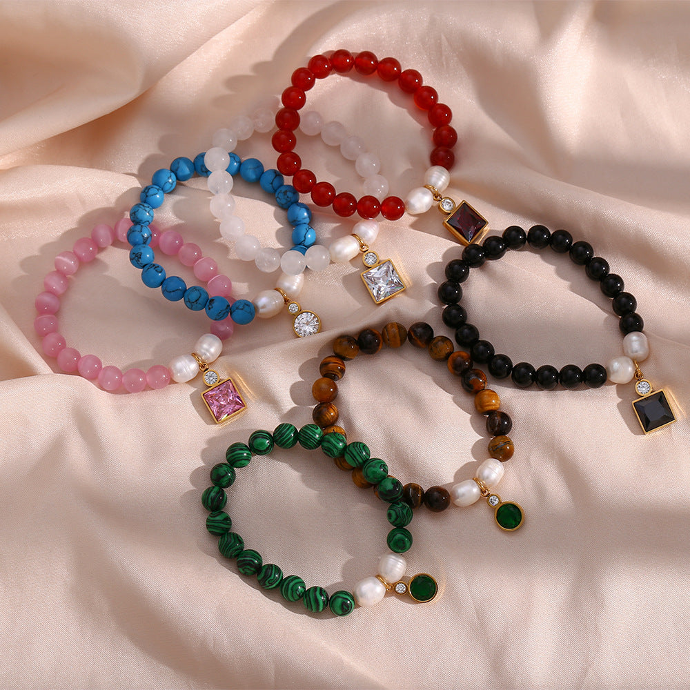 Pulsera de Cuentas de Piedra Natural Ónix Negro Geométrica Minimalista con Acentos de Zirconia y Baño de Rodio para Mujer
