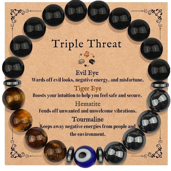 8mm Tiger's Eye and Obsidian Evil Eye Beaded Stretch Bracelet Geometric Unisex Fashion Jewelry