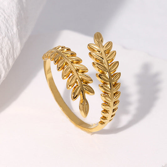 Minimalist Leaf-Shaped Adjustable Titanium Steel Ring for Women with Plated Finish