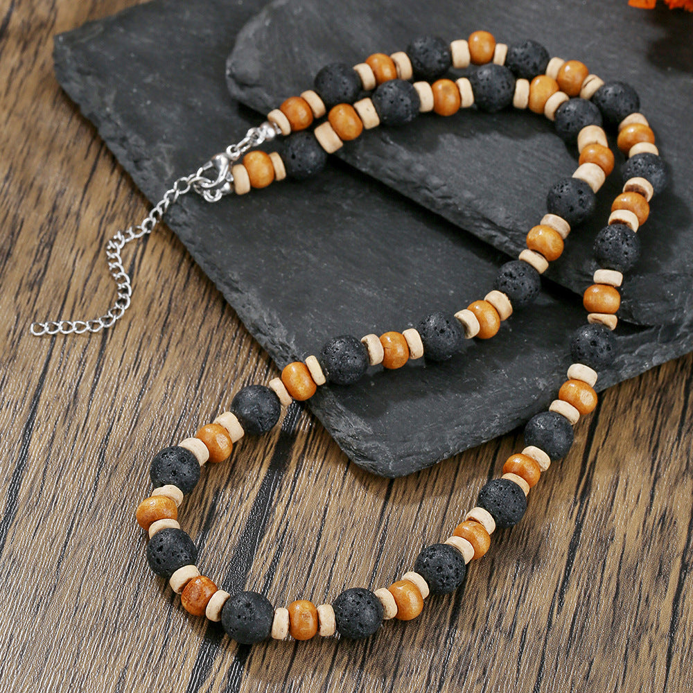 Vintage Bohemian Ethnic Handmade Geometric Coconut Shell Wood Beaded Stone Pendant Necklace for Unisex