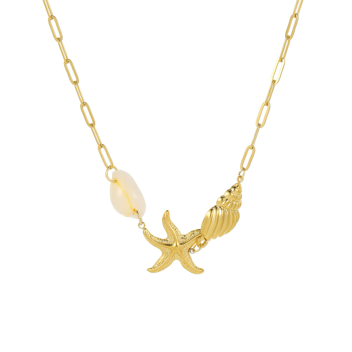 Collar con colgante de estrella de mar y conchas marinas de moda, de acero inoxidable, con diseño geométrico y acabado chapado, para mujer