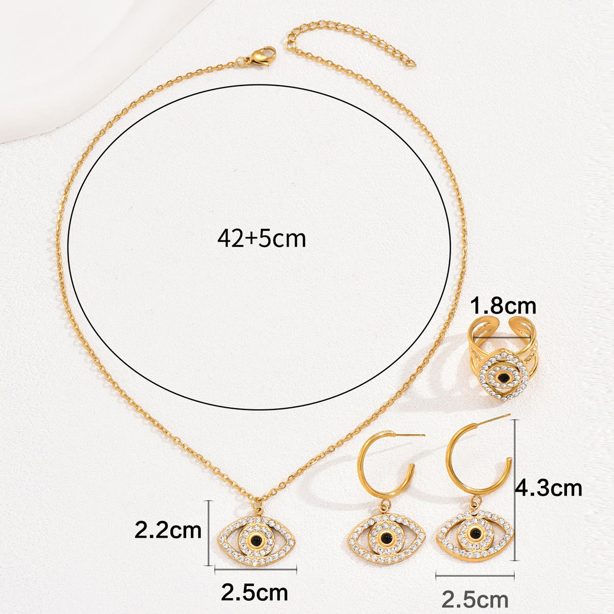 Fashionable Evil Eye Pendant Necklace Set with Zircon Inlay in Alloy for Women Including Earrings Ring and Bracelet