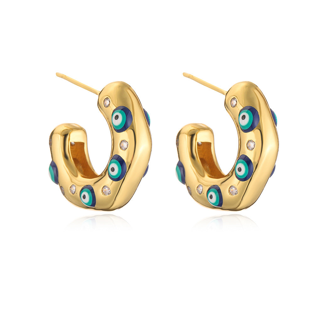 Irregular Geometric C-Shaped Earrings for Women with Micro-Pave Setting in Copper, Fashion-Forward Minimalist Design