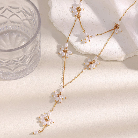 Minimalist Floral Pendant Necklace in Stainless Steel with 18K Gold Plating and Pearl-Effect Accents, Lightweight Layered Design for Women