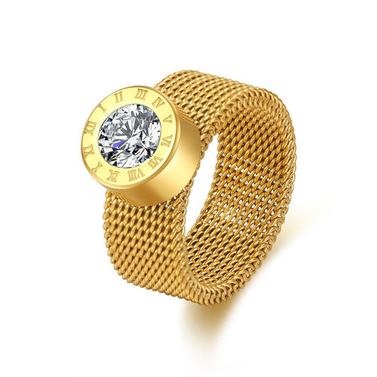 Vintage Geometric Round Rhinestone Inlay Plated Stainless Steel Ring