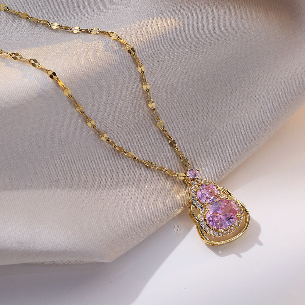 Minimalist Pink Crystal Gourd Pendant Necklace in Titanium Steel with Gold Plating on O-Chain for Women and Unisex Wear