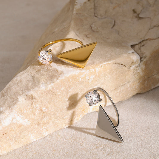 Minimalist Geometric Triangle Open Ring 18K Gold Plated Stainless Steel with Round Zircon