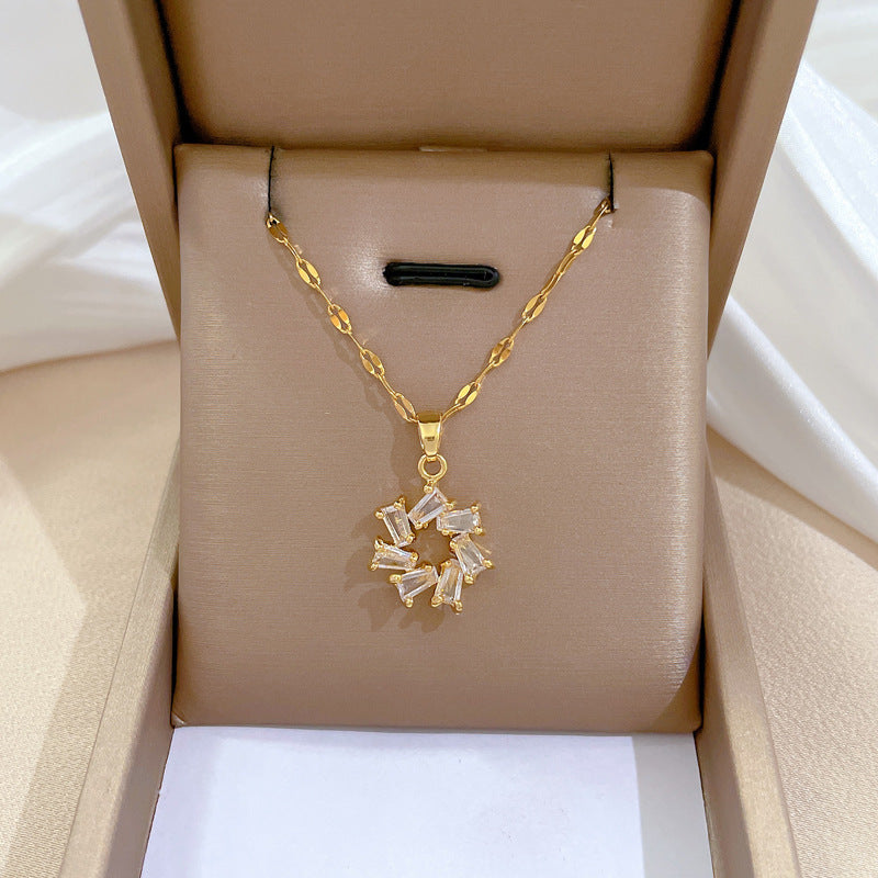 Collar de acero de titanio geométrico minimalista de lujo con incrustaciones de diamantes de imitación para mujer