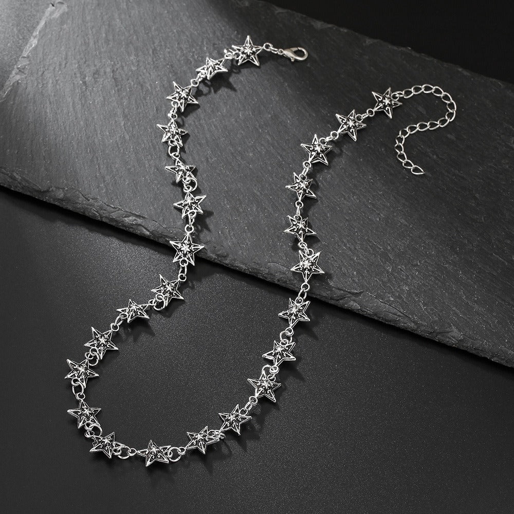 Geometric Hollow Flower Four-Leaf Clover Necklace with Rhinestone and Imitation Pearl for Women