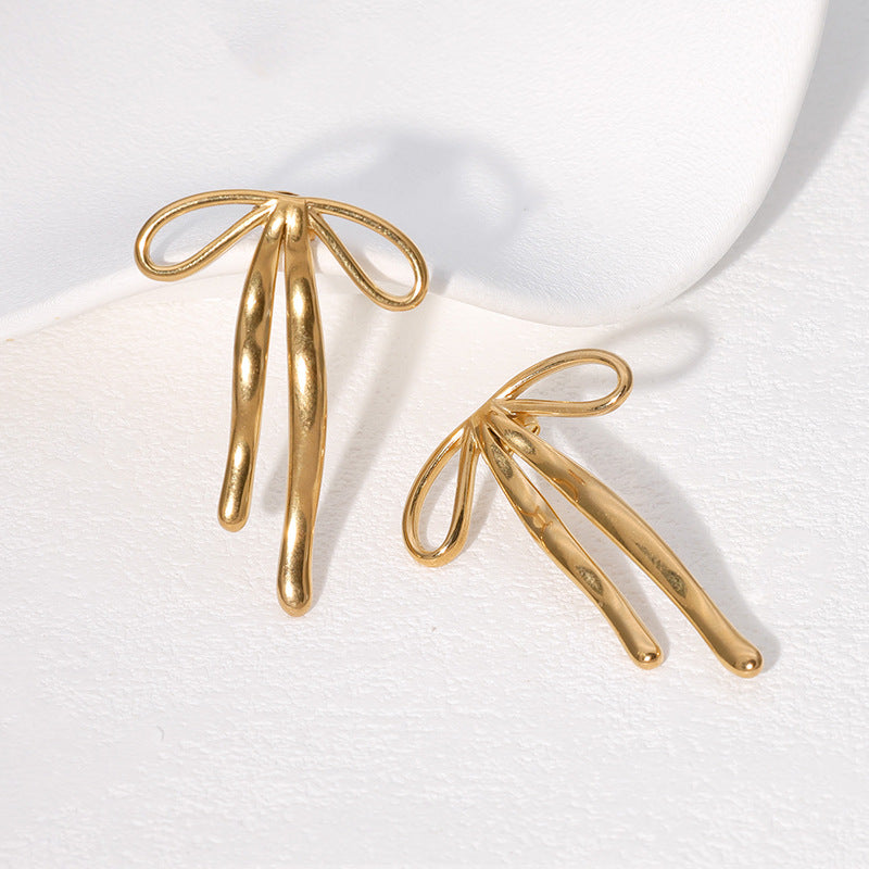 Sweet Bow-Shaped Stainless Steel Earrings with 18K Gold Plating for Women