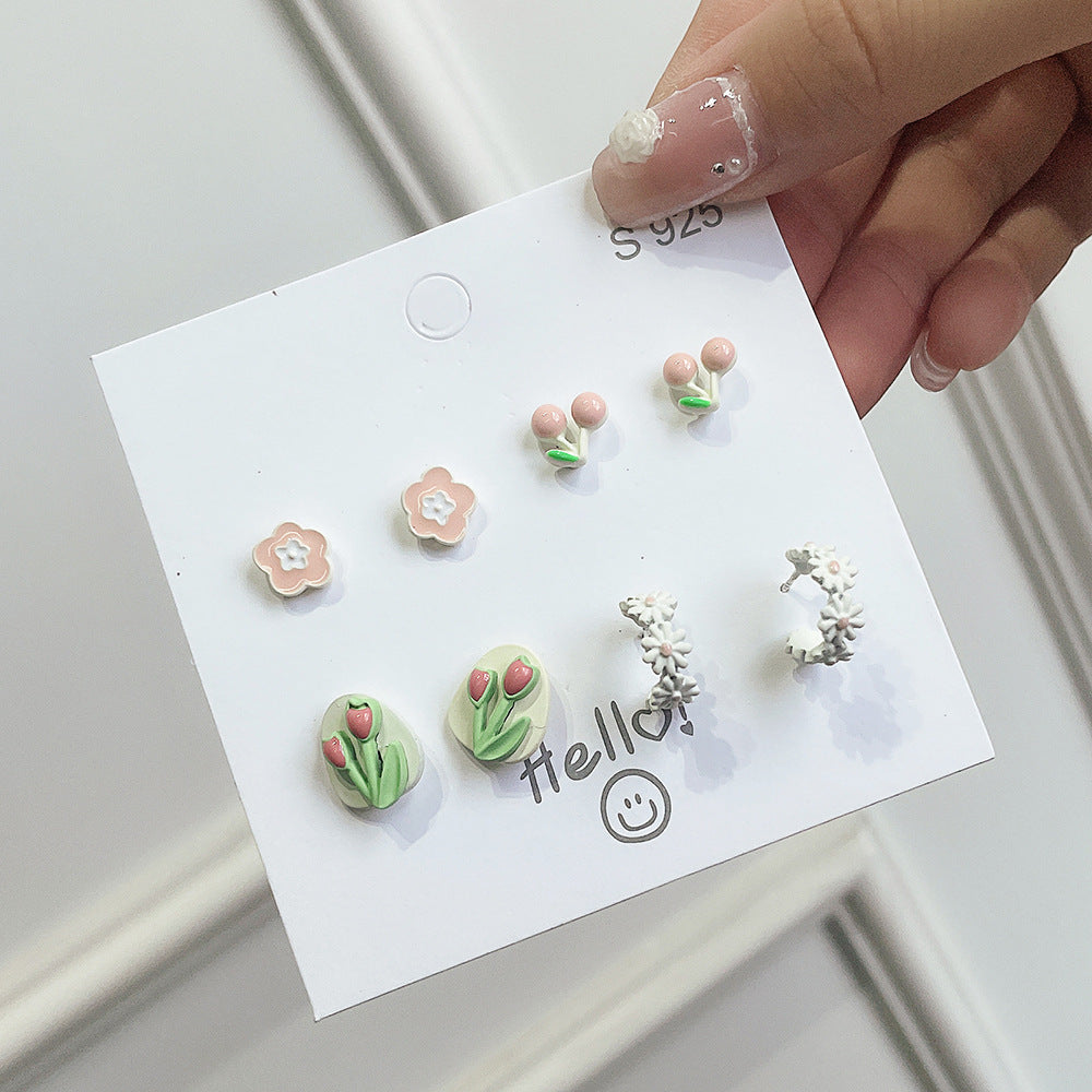 Sweet Geometric Floral Ceramic Stud Earrings with Stainless Steel Posts