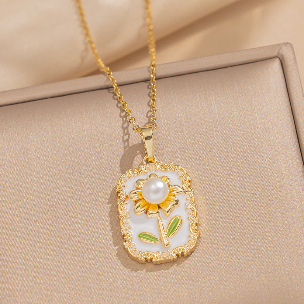 Baroque Style Leaf-Shaped Titanium Steel Necklace with Tulip Floral Motif, Vacuum-Plated for Hypoallergenic Wear, O-Chain Design