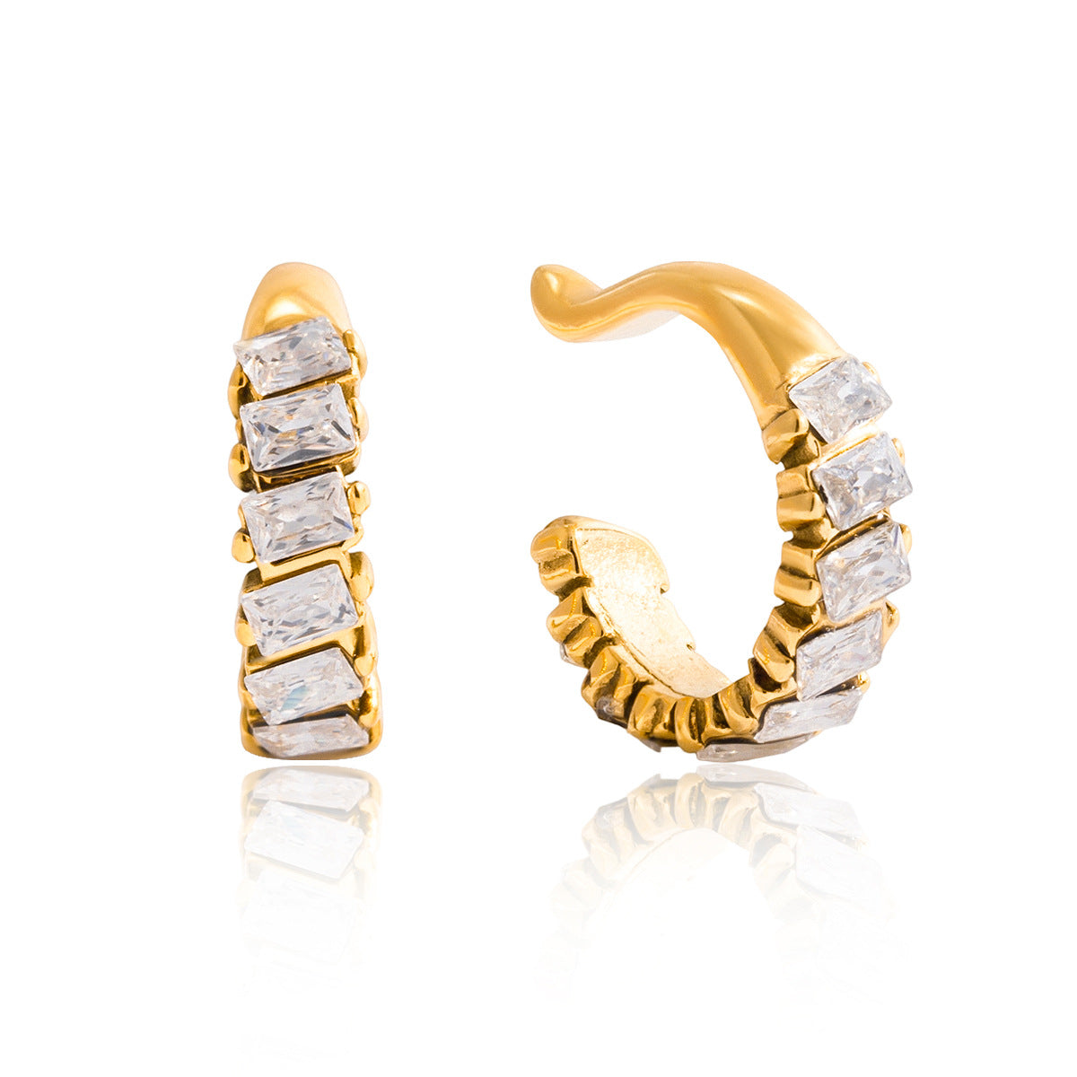 Orecchini a clip da donna geometrici in acciaio inossidabile a quattro lati con zirconia, finitura placcata, lussuosi e minimalisti