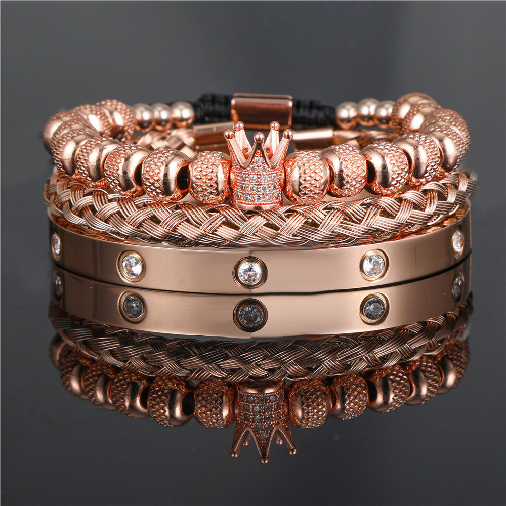 Personalized Double Leopard Head Black Agate Micro-set Cubic Zirconia Brass Stainless Steel Bracelet Set