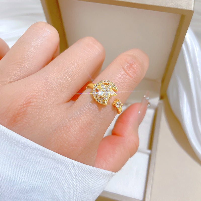 Minimalist Sweet Gold Plated Star Moon Brass Ring Adjustable