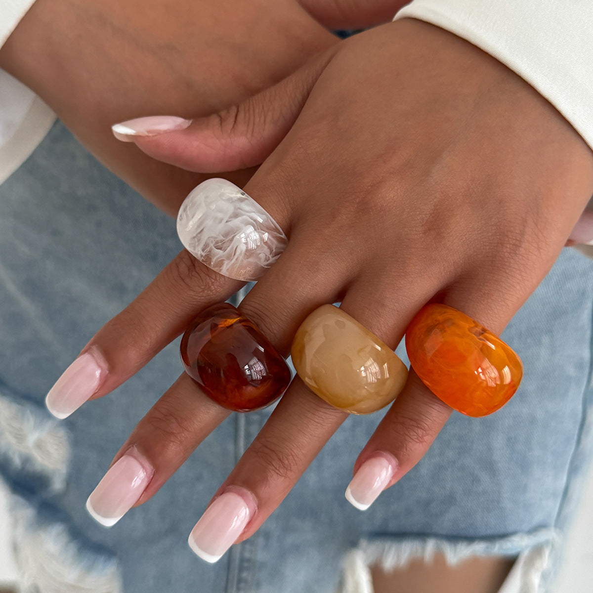 Gradient Geometric Oval Resin Ring for Women Stackable Wide Band