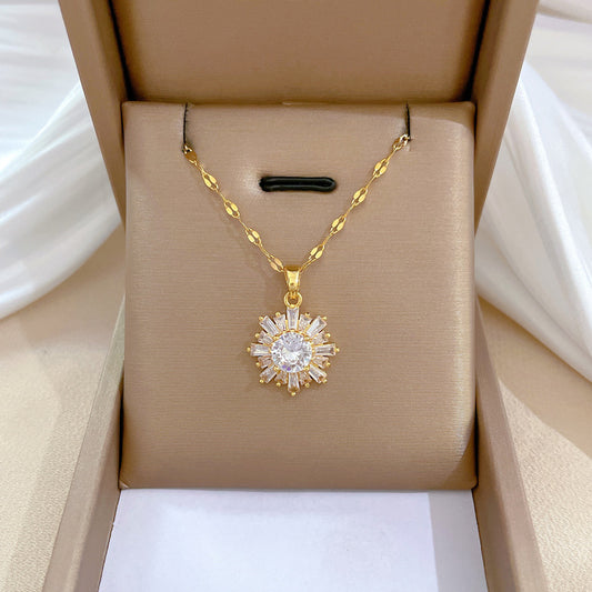 Luxury Geometric Snowflake Rhinestone Titanium Steel Necklace for Women