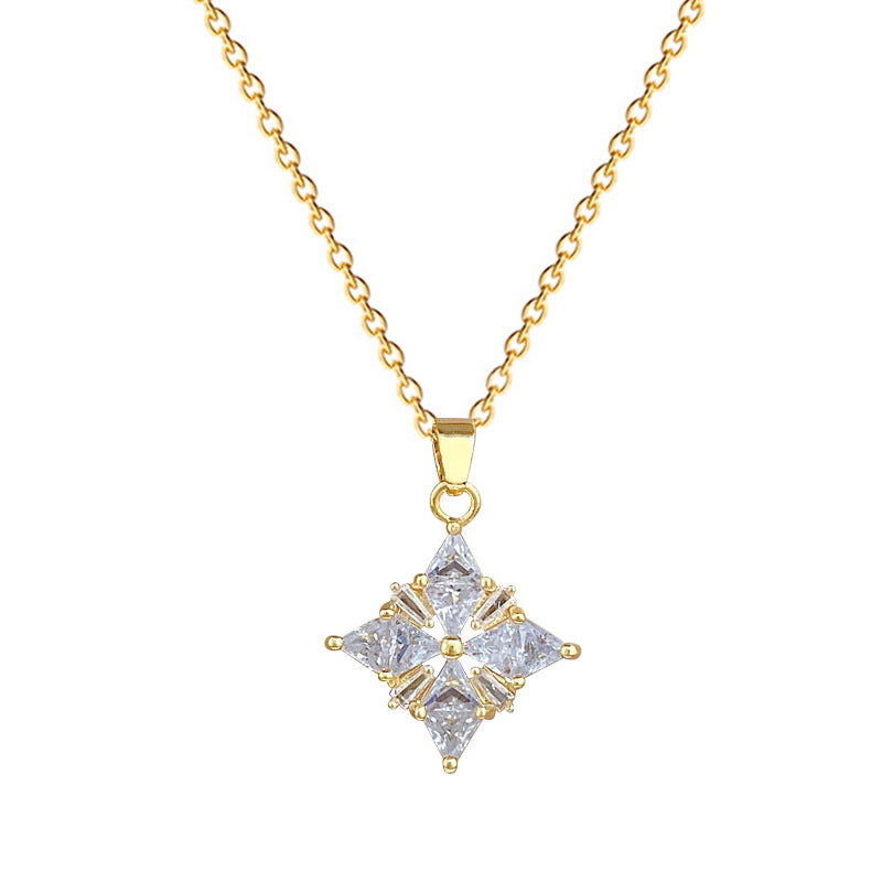 Sweet Minimalist Geometric Rhinestone Clover Pendant Titanium Steel Necklace for Unisex