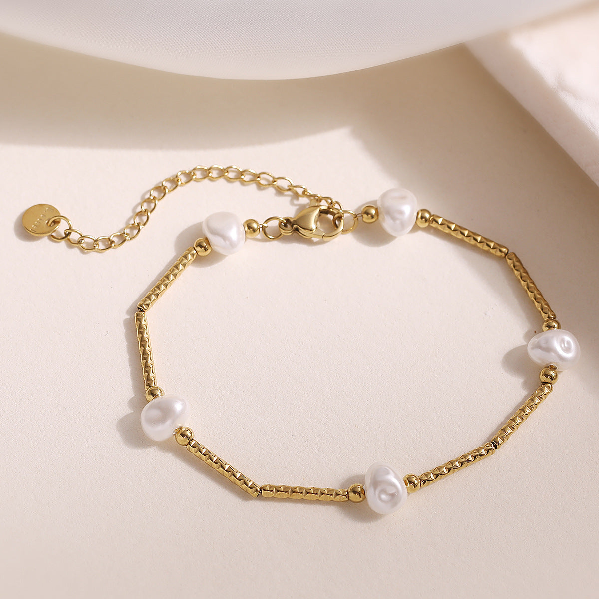 Minimalist Luxe Bamboo Joint Pearl Bracelet for Women Stainless Steel with 18K Gold Plating