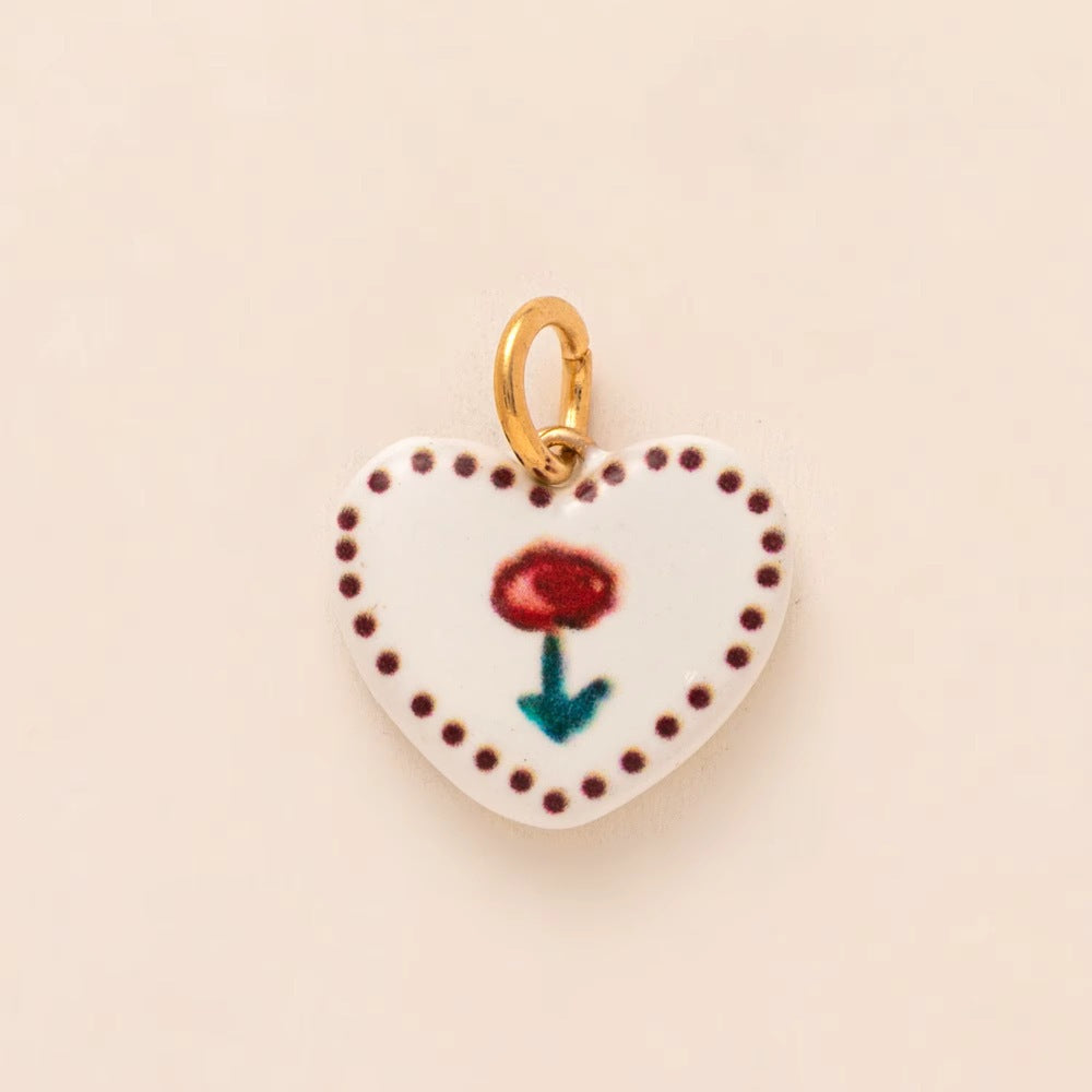 Vintage Sweet Hand-Painted Floral Heart Enamel Brass Shoe Charm