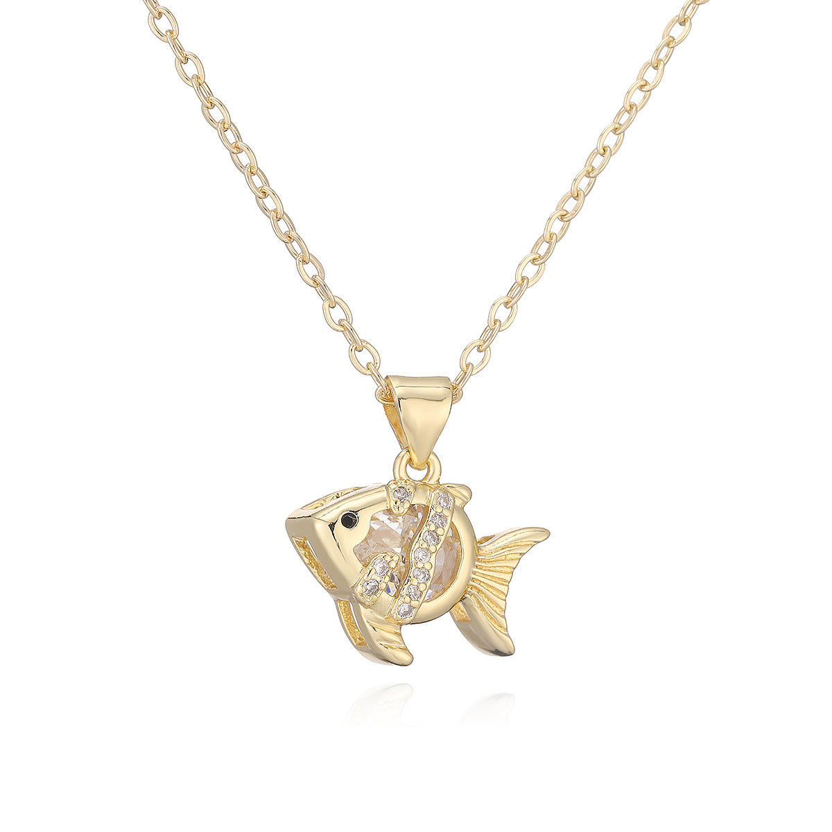 Minimalist Gold Plated Brass Geometric Fish Pendant Necklace with Cubic Zirconia for Women