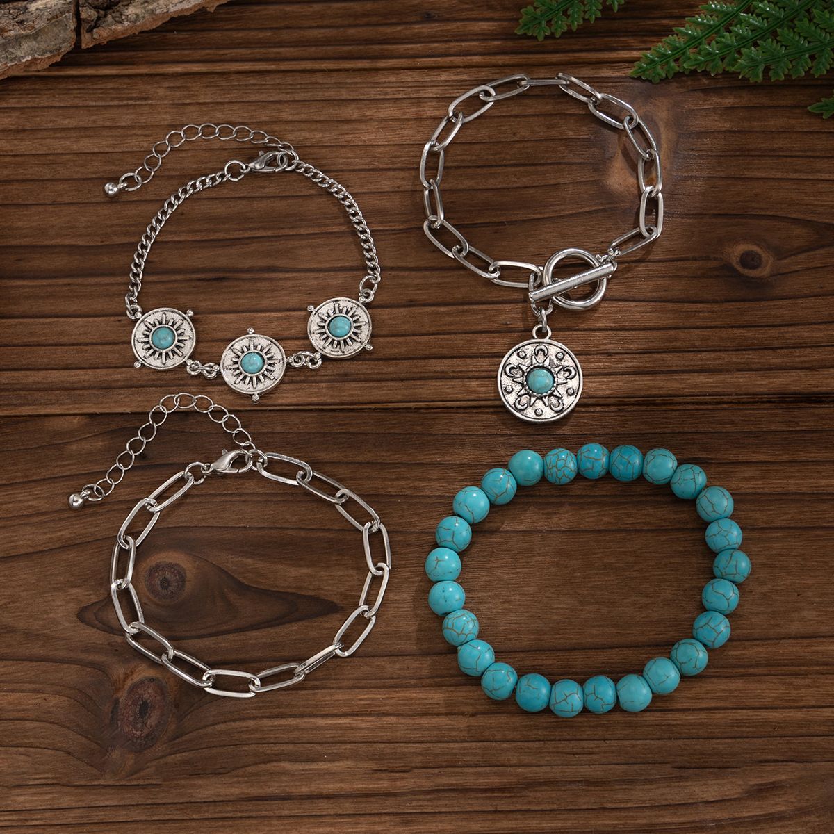 Plated Alloy Curb Chain Bracelet Set with Turquoise for Women