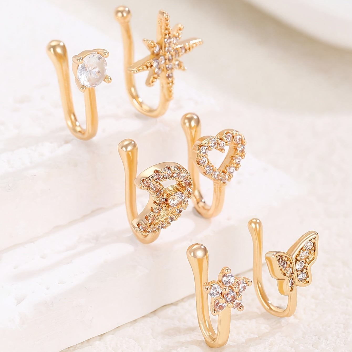 Clip per il naso a forma di U con stella e cuore placcata in rame vintage con zirconia cubica