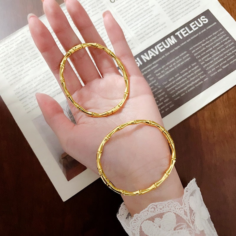 Elegant Bamboo Segment Bangle Bracelet for Women Solid Titanium Steel with 18K Gold Plating Vintage Chinese-Inspired Design