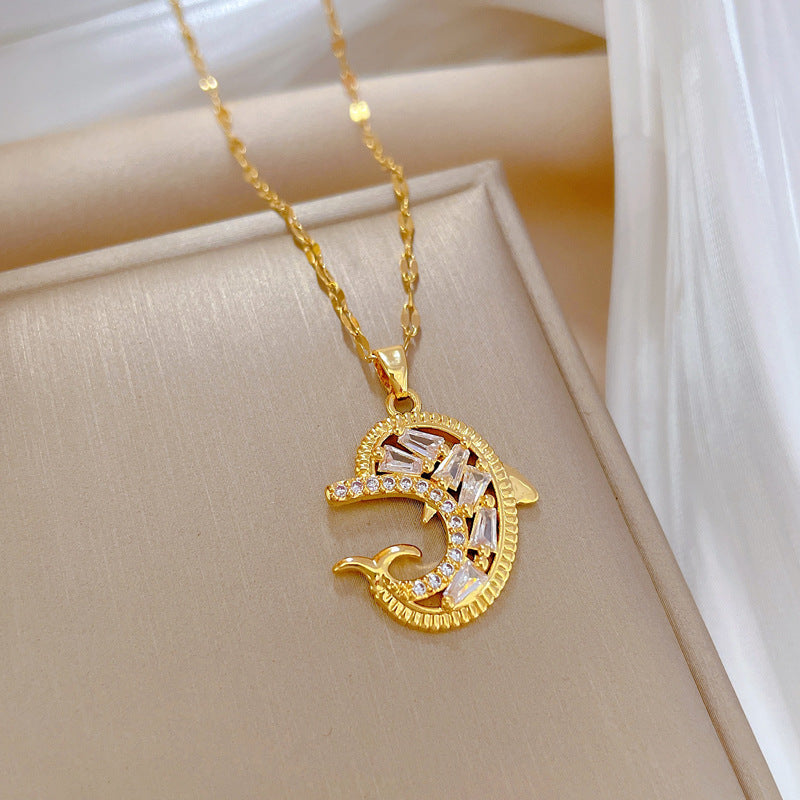 Minimalist Dolphin Pendant Necklace for Women in Titanium Steel with Rhinestone Inlay on Delicate Clavicle Chain