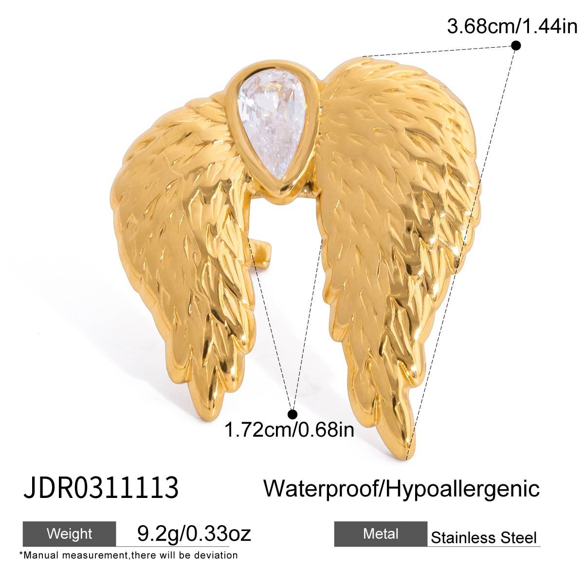 Minimalist Geometric Wing Cubic Zirconia Inlay Stainless Steel Ring for Women