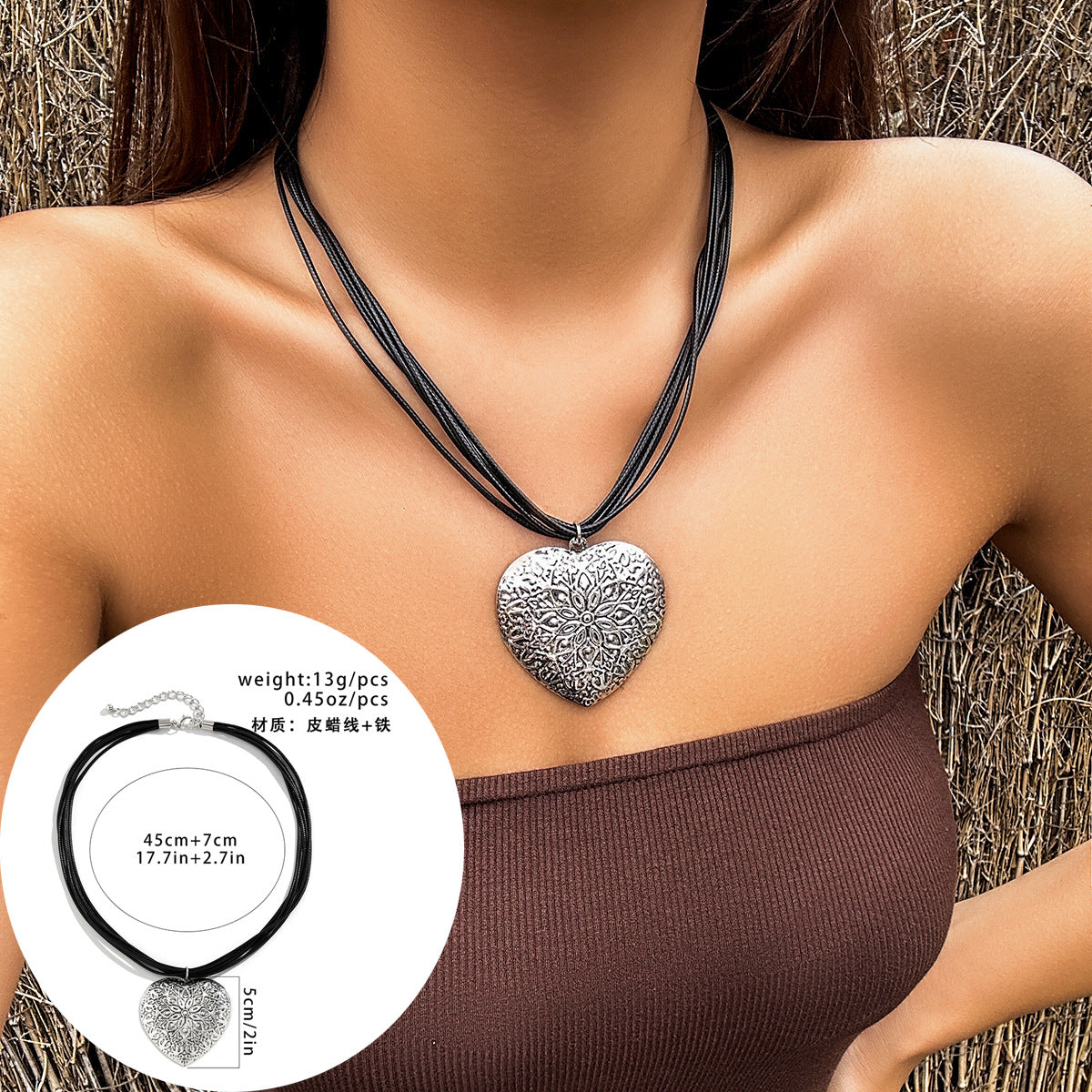 Sweet and Edgy Heart-Shaped Alloy Necklace with Plated Finish Adjustable Velvet Wax Cord