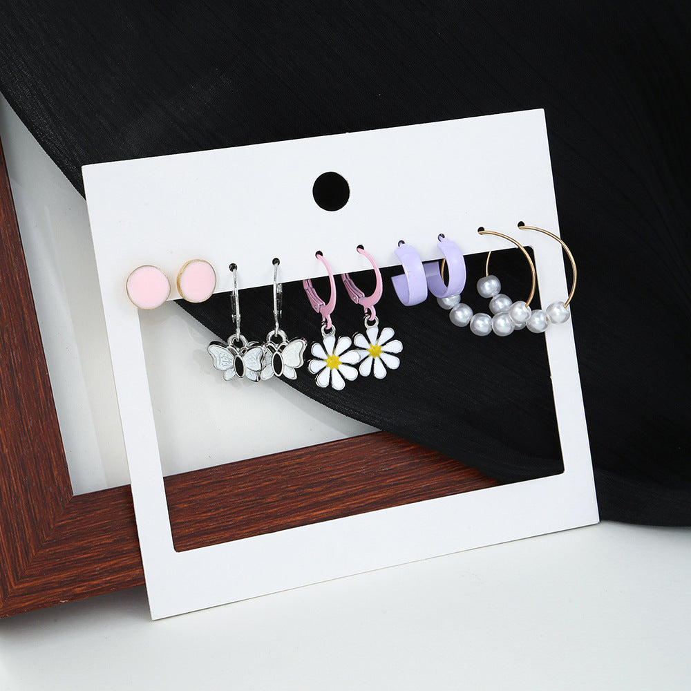 Sweet Minimalist Geometric Butterfly Drip Oil Alloy Earrings with Floral Elements