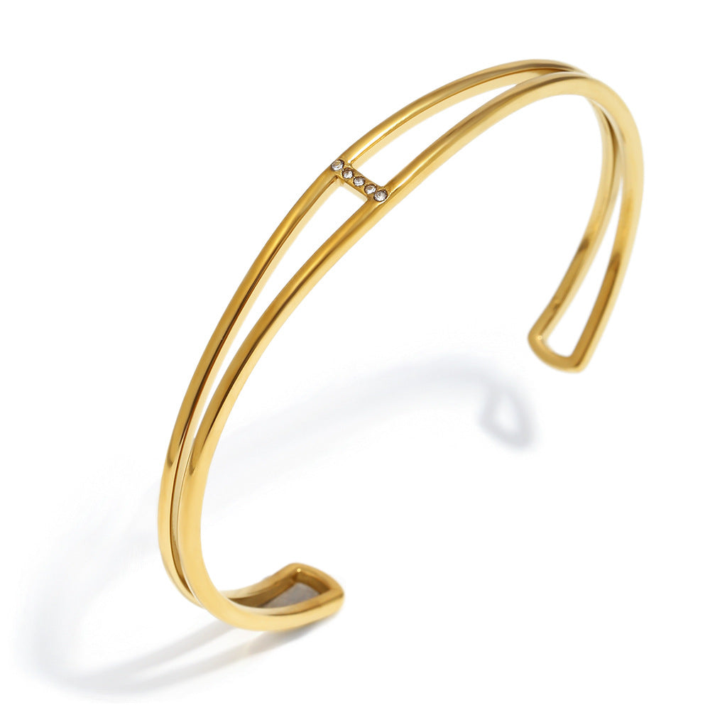 Minimalist Fashionable Stainless Steel Plated 18K Gold Double-Layer Delicate Bracelet with Rhinestone Accents