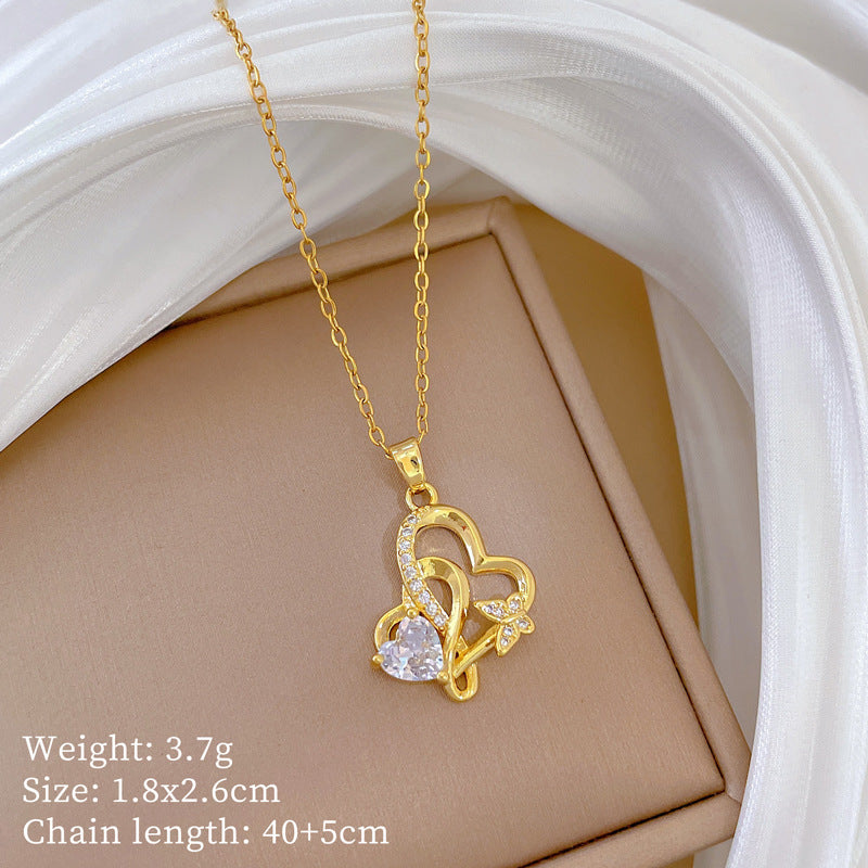 Collana con Ciondolo a Cuore a Fiocco Dolce e Fresco da Donna in Acciaio Inossidabile Minimalista con Strass Intarsiato