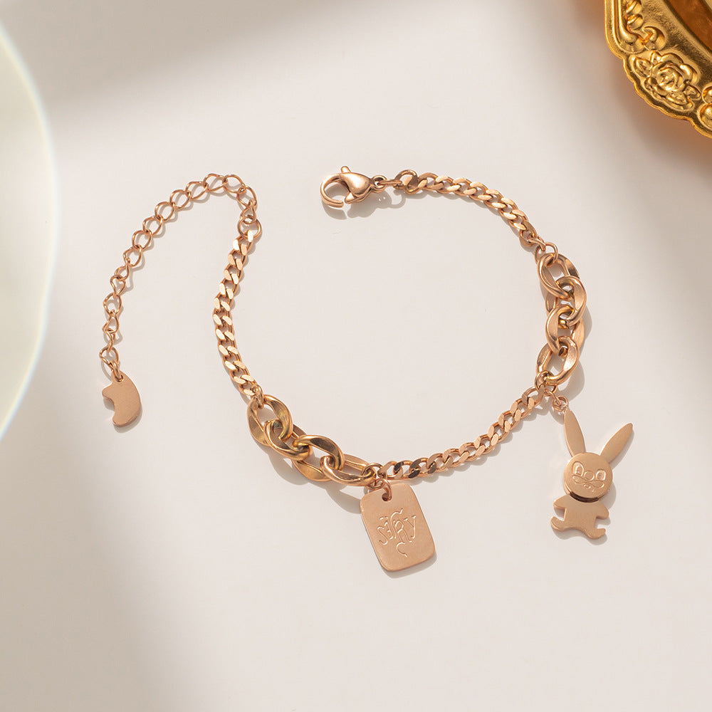 Rose Gold Plated Titanium Steel Rabbit Shape Bracelet for Women with Geometric Design and Fashionable Styling