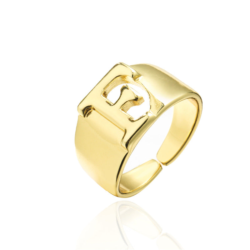 18K Gold Plated Brass Letter Ring Adjustable Open Design for Women