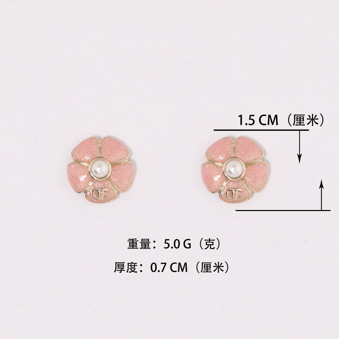 Vintage Elegant Gold Plated Brass Enamel Camellia Flower Earrings with 925 Sterling Silver Posts