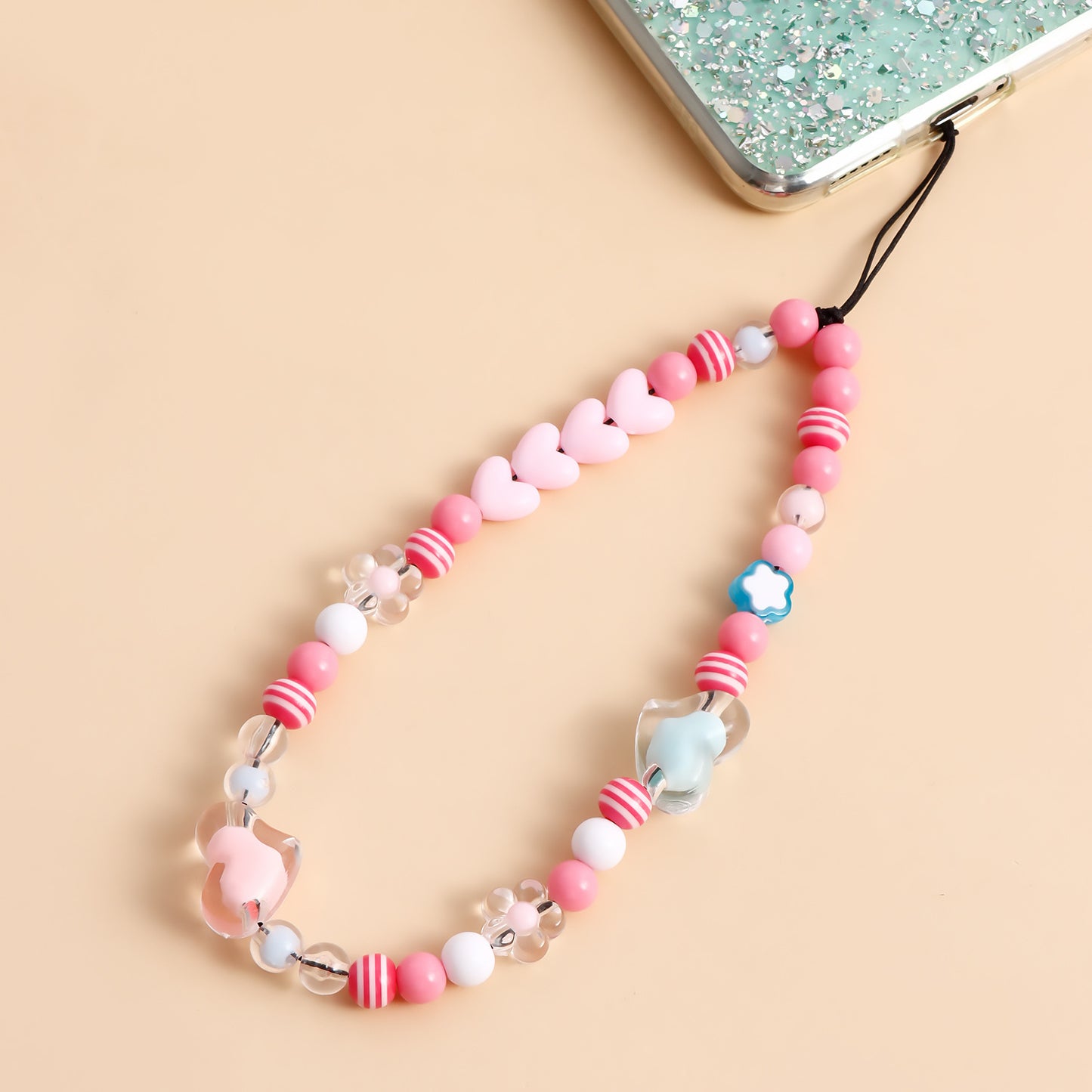 Sweet Colorful Acrylic Beaded Phone Chain with Heart Teardrop and Round Charms