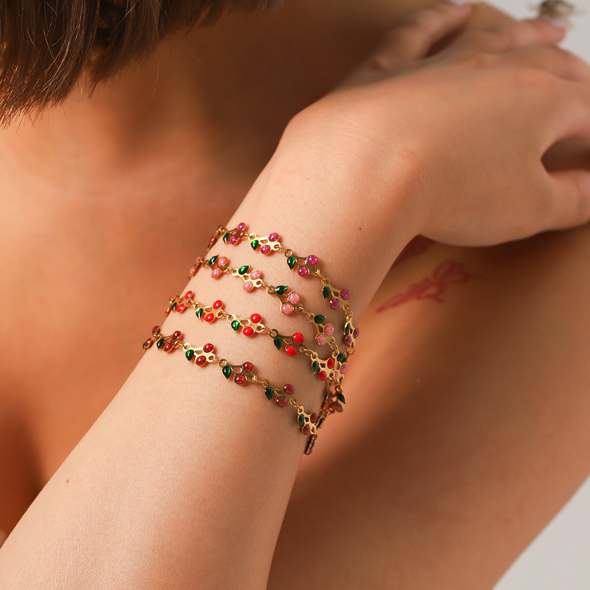 18K Gold Plated Stainless Steel Drip Oil Cherry Bracelet for Women Minimalist Sweet Fruit Jewelry