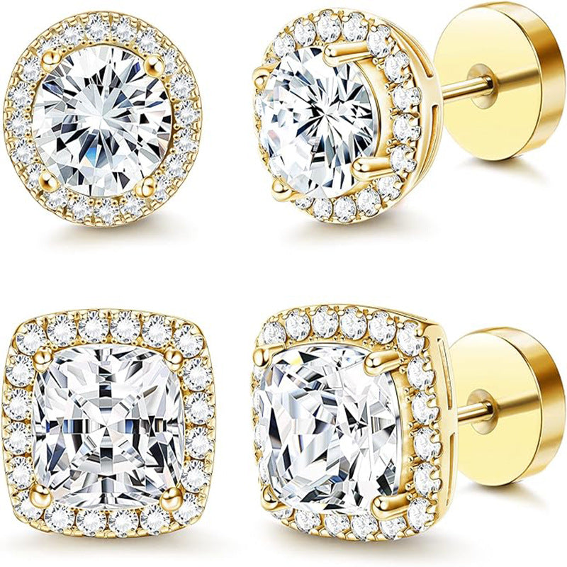 Elegant Gold Plated Stainless Steel Geometric Round Oval Cubic Zirconia Stud Earrings for Women